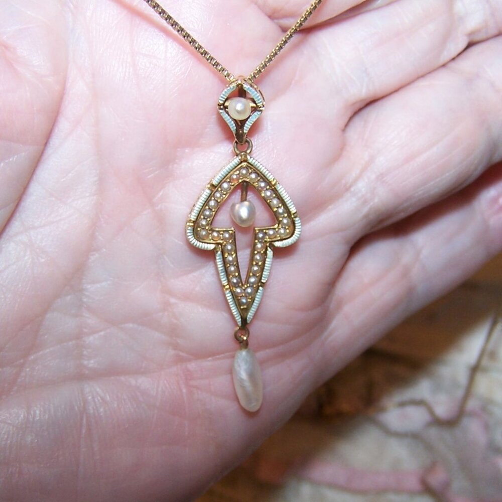 KREMENTZ Antique Edwardian 14K Gold Enamel Natural Pearl Pendant Lavaliere